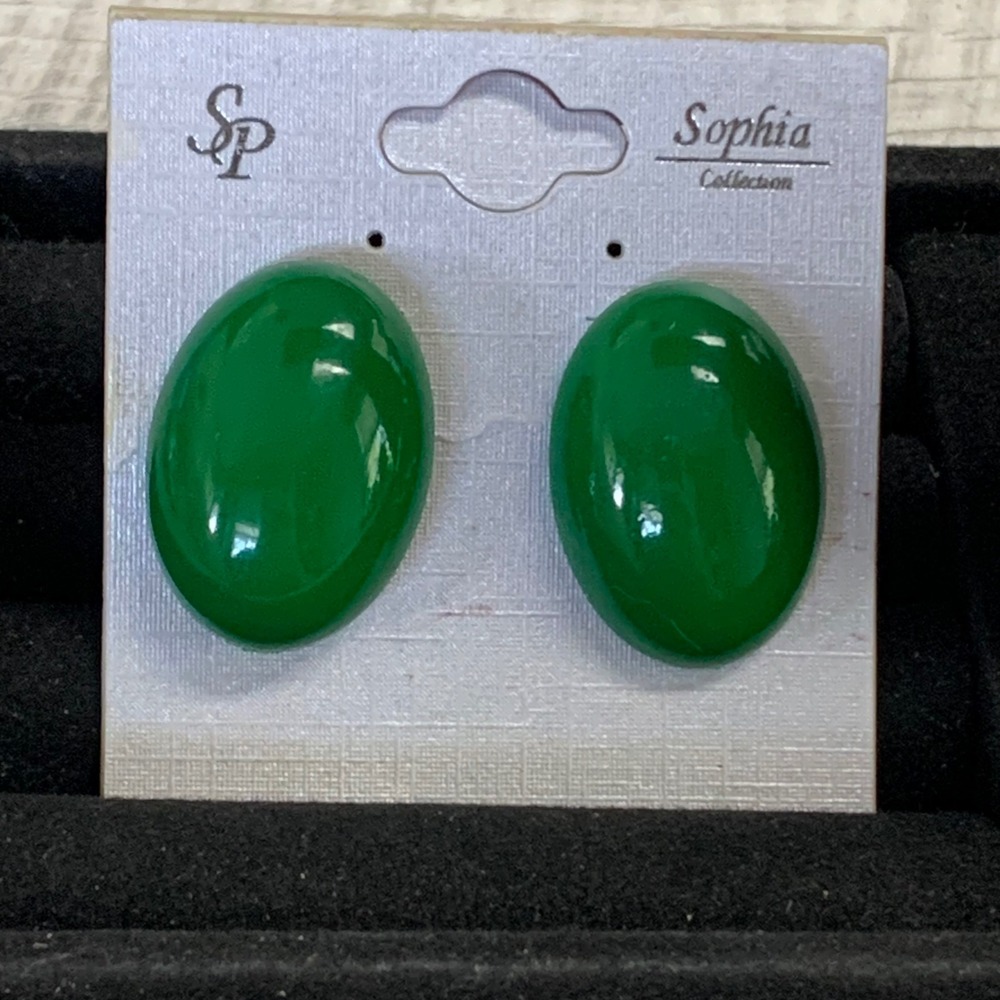 Sophia Collection Green Oval Cabochon Stud Earrings Post Back Costume Jewelry